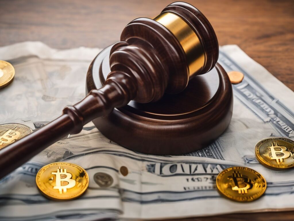 courtroom with judge gavel and Bitcoin symbol