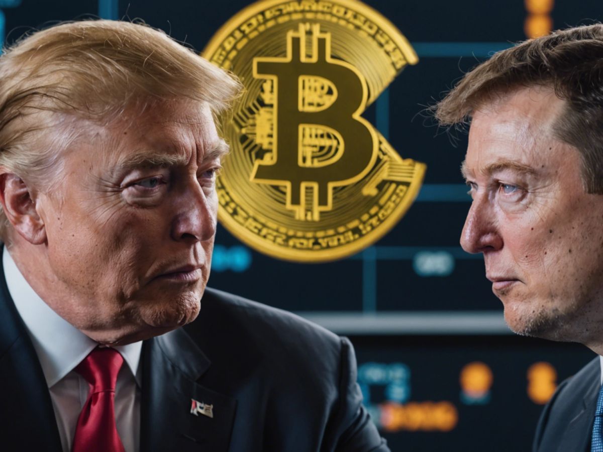 Elon Musk and Donald Trump discussing Bitcoin and cryptocurrencies, with digital currency symbols in the background.